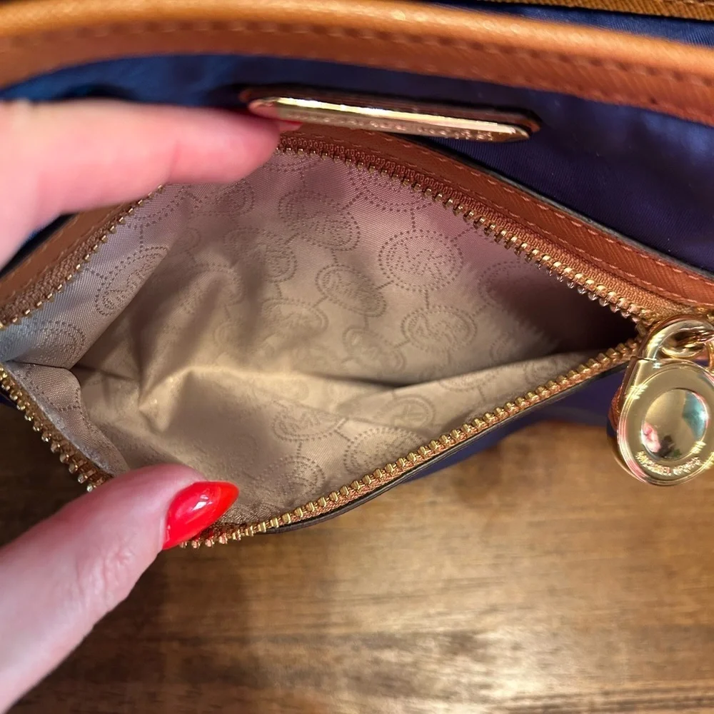 Michael Kors Kempton Blue and Tan Nylon Crossbody Purse
